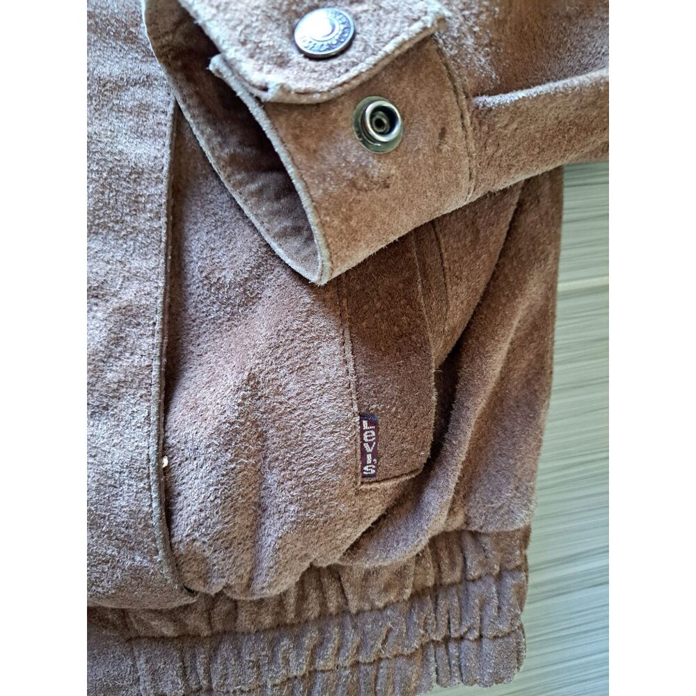 Vintage Levis Mens Bomber Brown Suede Jacket Size 44 L Button Cuffs Zip Front - Picture 3 of 12